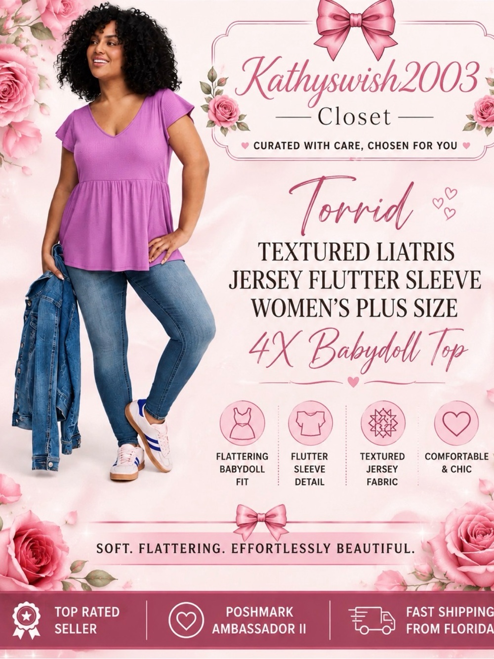 Torrid Textured Liatris Jersey Flutter Sleeve Women’s Plus Size 4X Babydoll Top